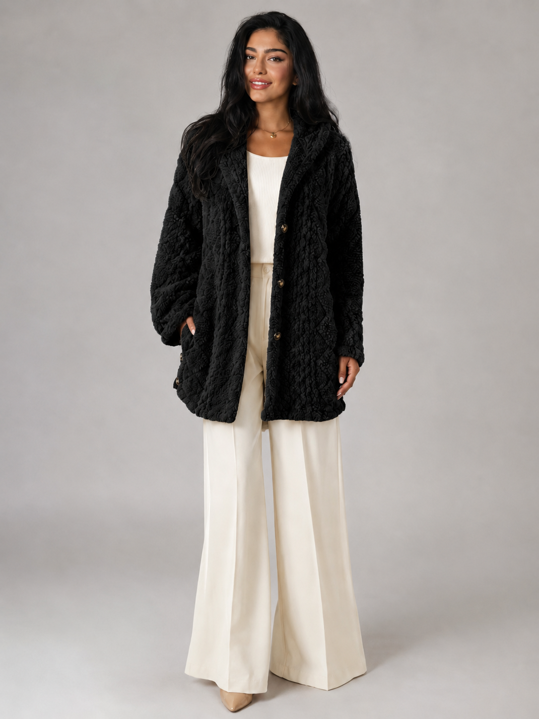 Women's Hooded Sherpa Coat | Longline Button-Front Teddy Jacket
