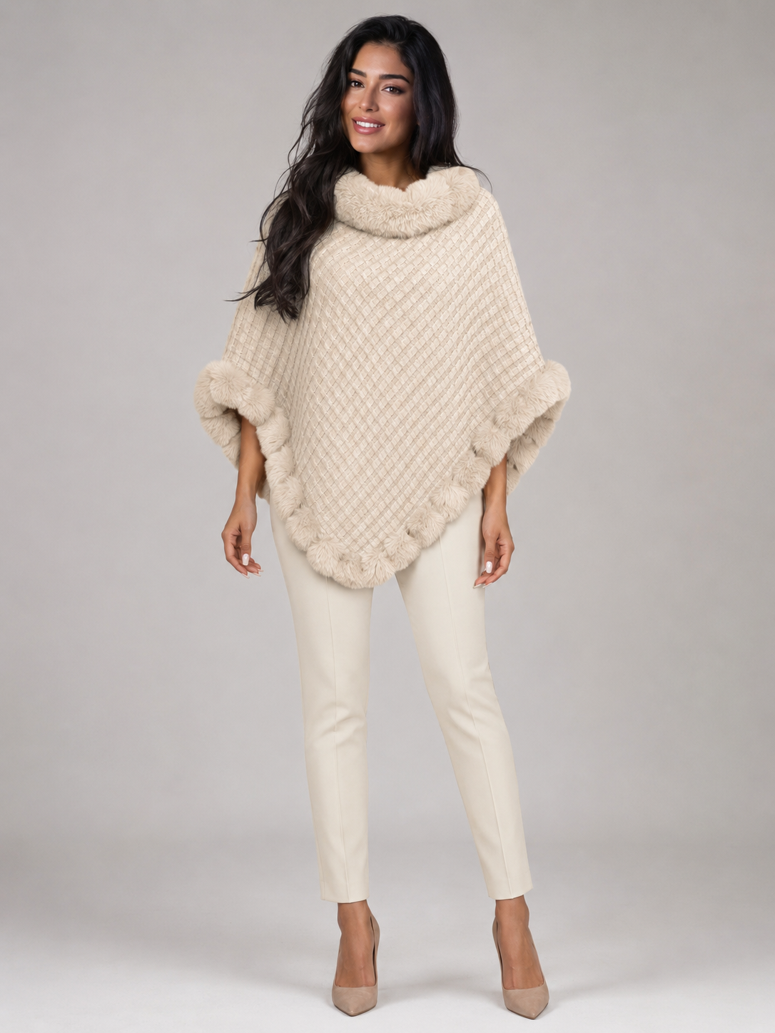 Women's Knitted Poncho Cape | Faux Fur Collar Winter Wrap