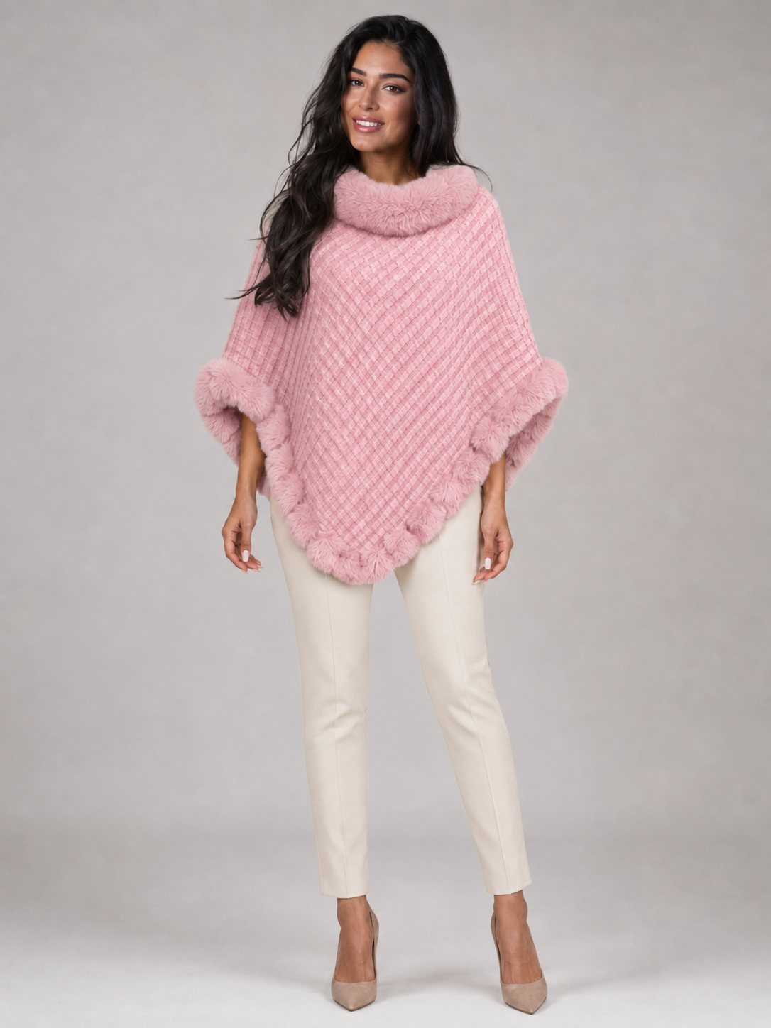 Women's Knitted Poncho Cape | Faux Fur Collar Winter Wrap