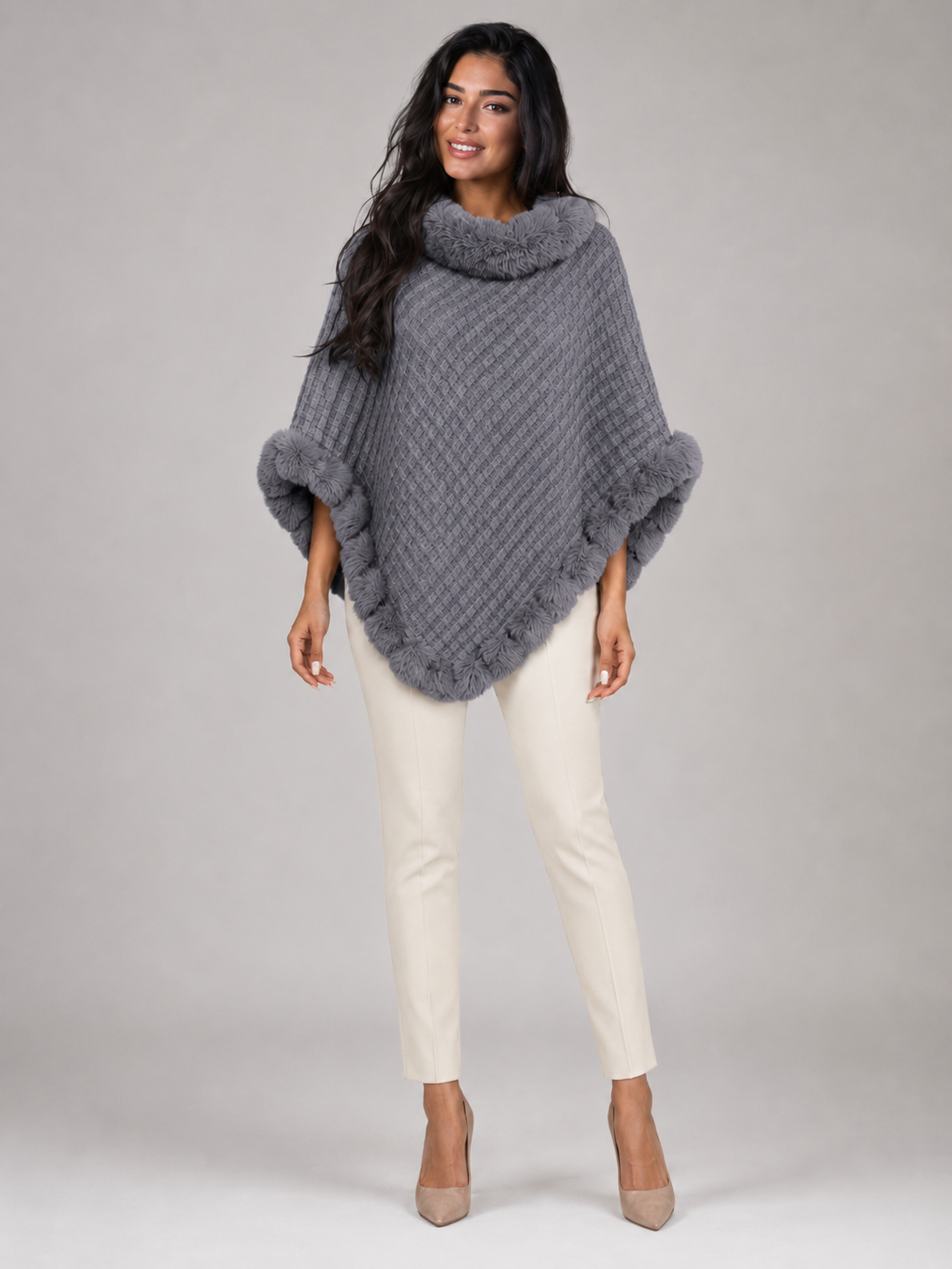 Women's Knitted Poncho Cape | Faux Fur Collar Winter Wrap