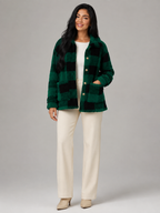 Women's Buffalo Check Borg Overshirt | Gold Button Sherpa Jacket