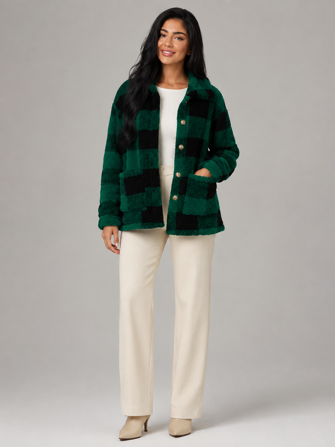 Women's Buffalo Check Borg Overshirt | Gold Button Sherpa Jacket