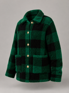 Women's Buffalo Check Borg Overshirt | Gold Button Sherpa Jacket