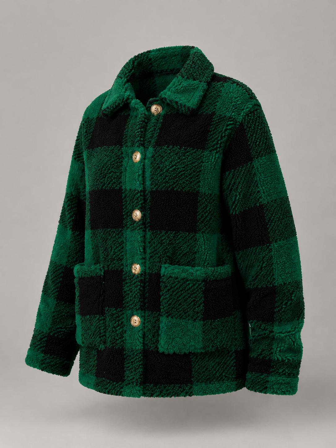Women's Buffalo Check Borg Overshirt | Gold Button Sherpa Jacket