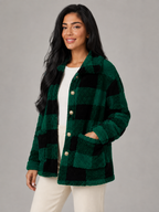 Women's Buffalo Check Borg Overshirt | Gold Button Sherpa Jacket