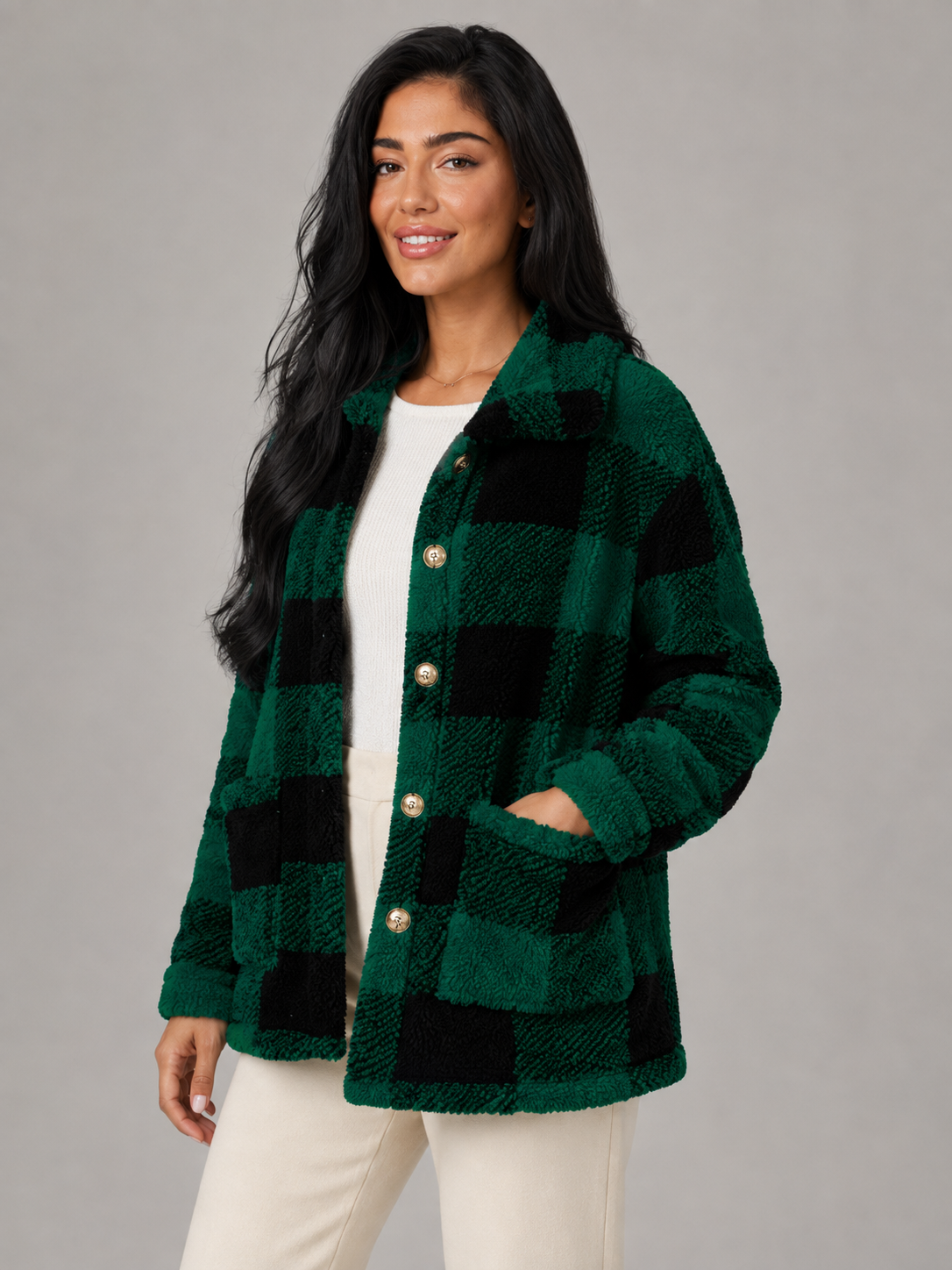 Women's Buffalo Check Borg Overshirt | Gold Button Sherpa Jacket