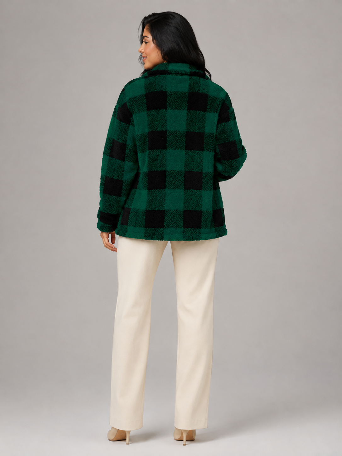 Women's Buffalo Check Borg Overshirt | Gold Button Sherpa Jacket