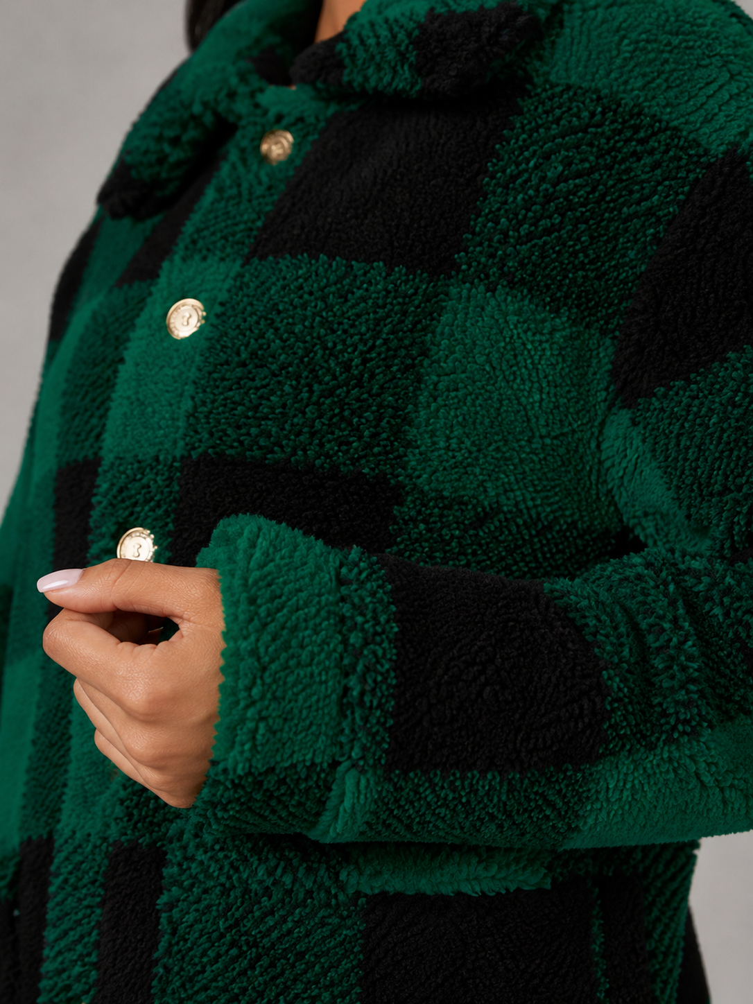 Women's Buffalo Check Borg Overshirt | Gold Button Sherpa Jacket