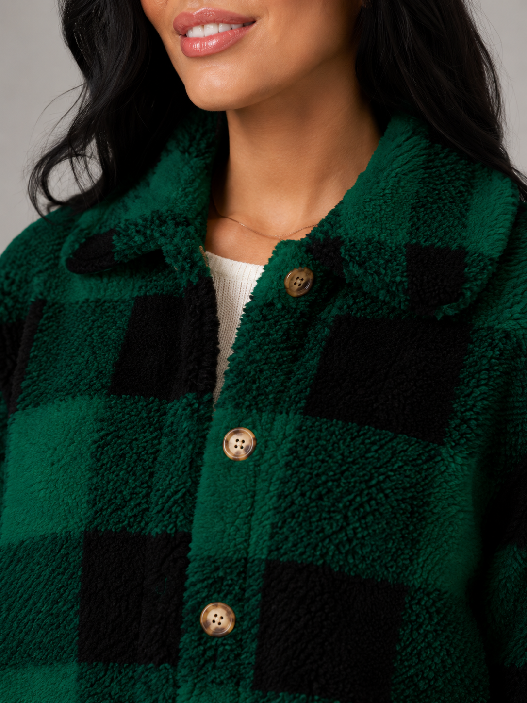 Women's Buffalo Check Borg Overshirt | Gold Button Sherpa Jacket