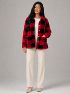 Women's Buffalo Check Borg Overshirt | Gold Button Sherpa Jacket
