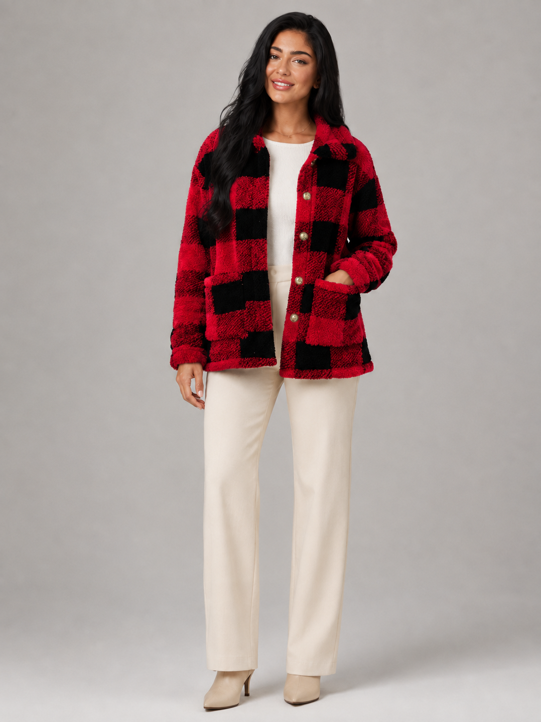 Women's Buffalo Check Borg Overshirt | Gold Button Sherpa Jacket