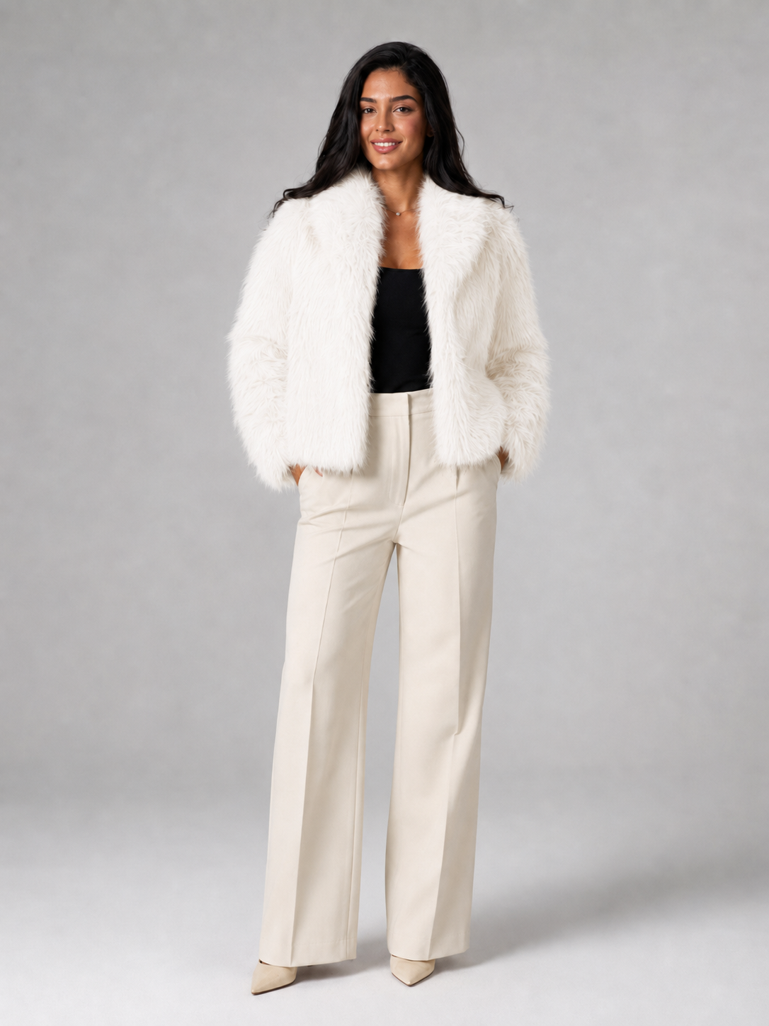 Women's Shaggy Faux Fur Jacket | Cropped Wide Collar Coat