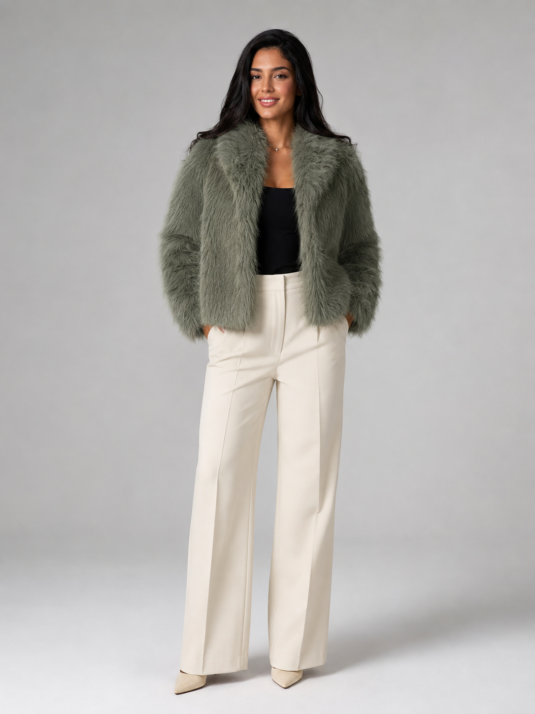 Women's Shaggy Faux Fur Jacket | Cropped Wide Collar Coat