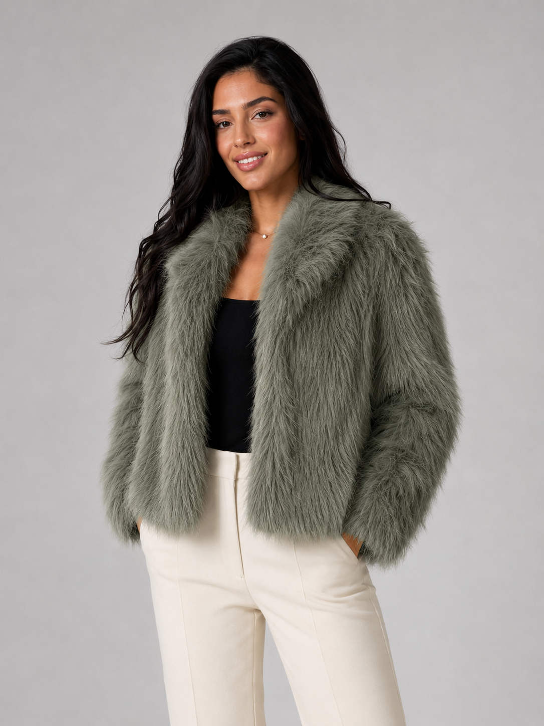 Women's Shaggy Faux Fur Jacket | Cropped Wide Collar Coat