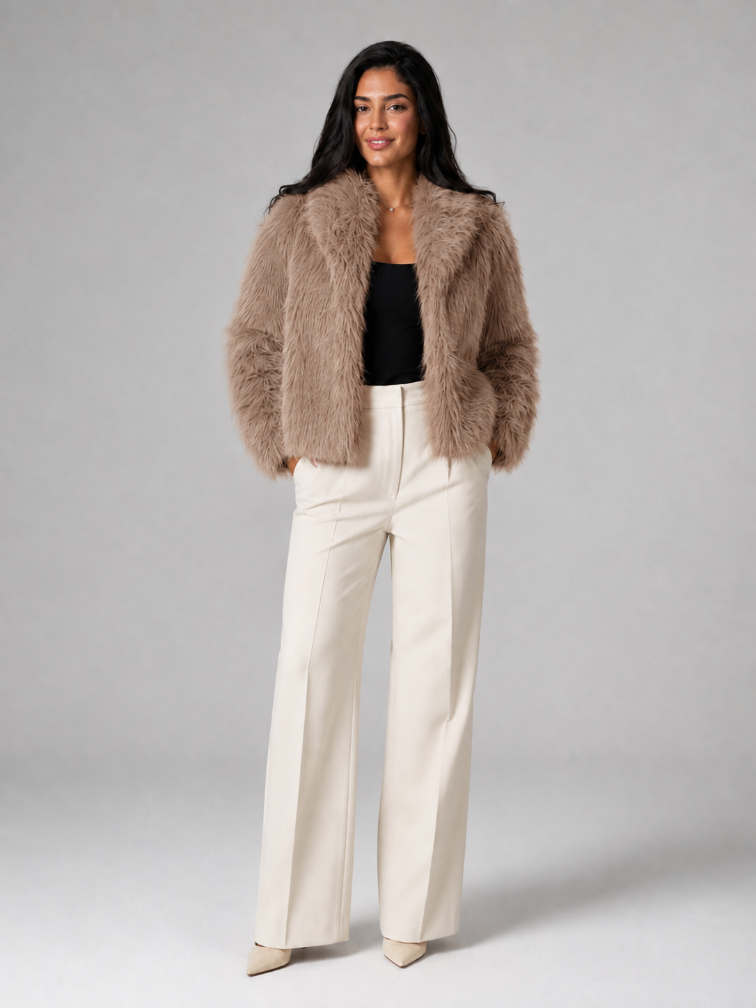 Women's Shaggy Faux Fur Jacket | Cropped Wide Collar Coat