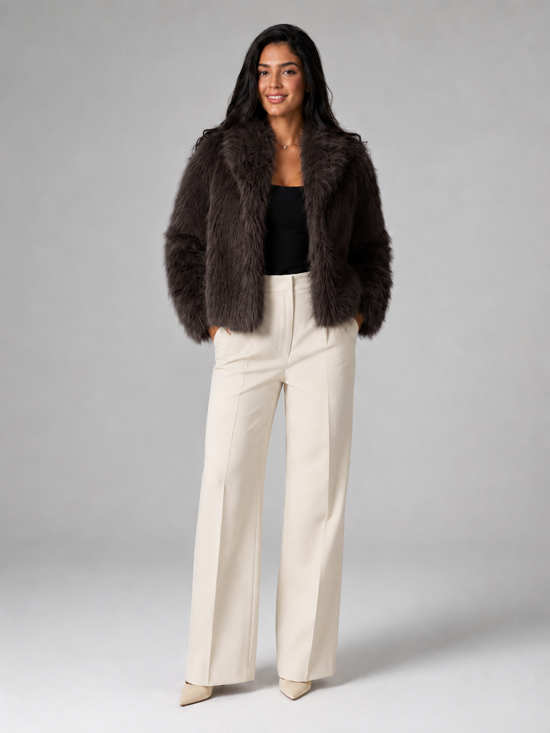 Women's Shaggy Faux Fur Jacket | Cropped Wide Collar Coat