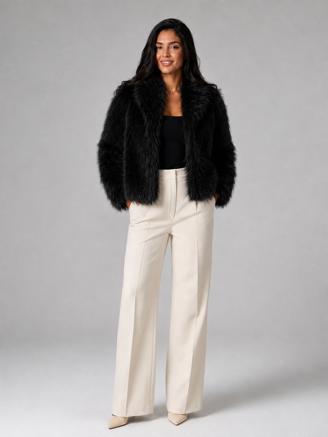 Women's Shaggy Faux Fur Jacket | Cropped Wide Collar Coat