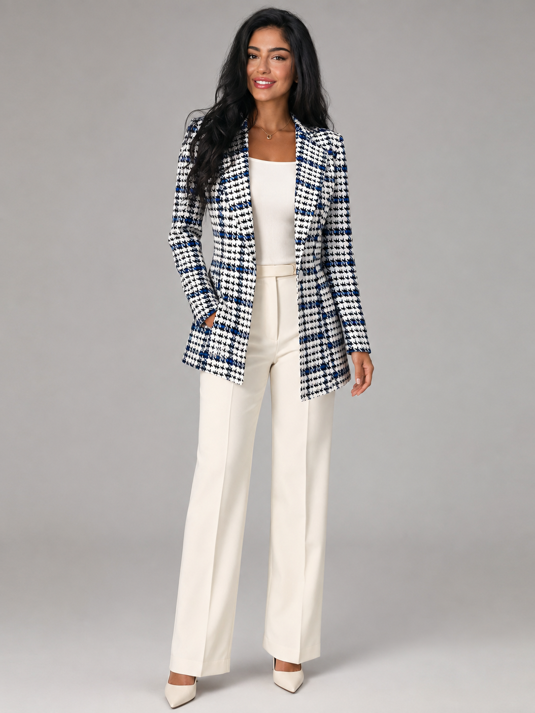 Women's Houndstooth Tweed Blazer | Longline Check Jacket