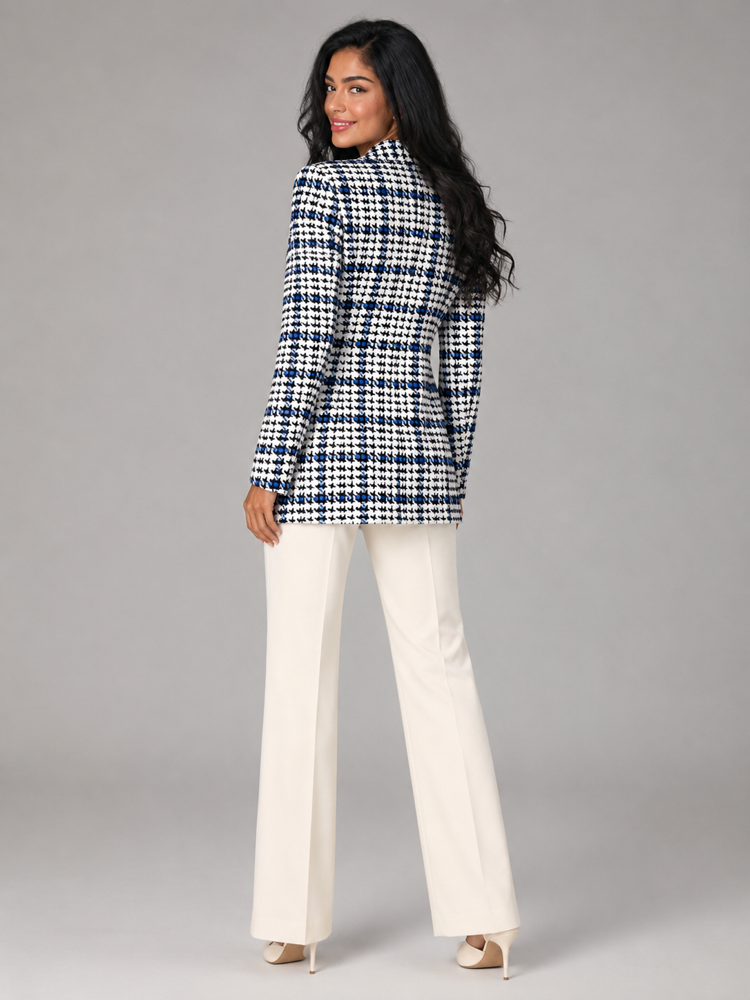 Women's Houndstooth Tweed Blazer | Longline Check Jacket