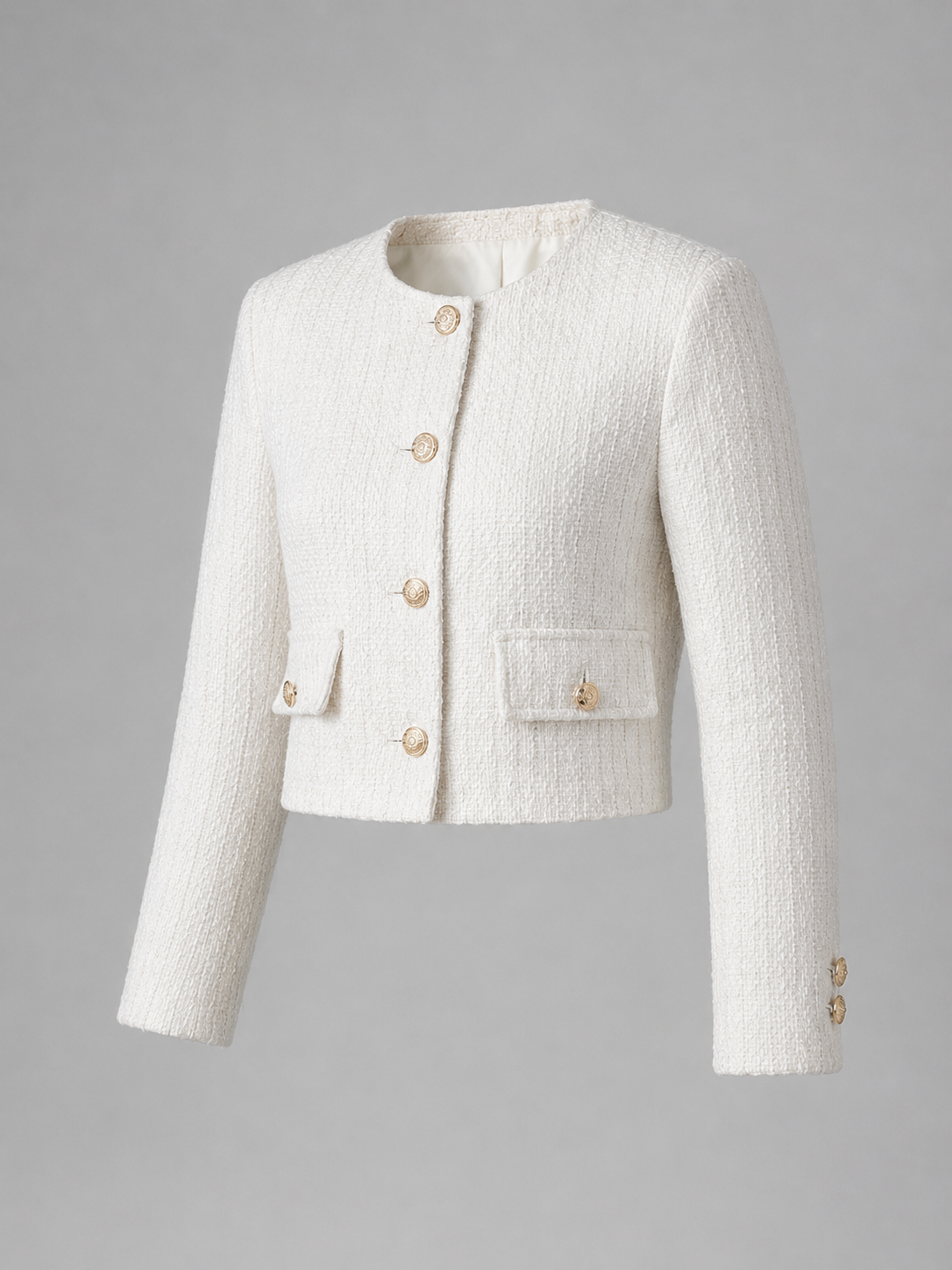 Women's Cream Tweed Cropped Jacket | Gold Button Boucle Blazer