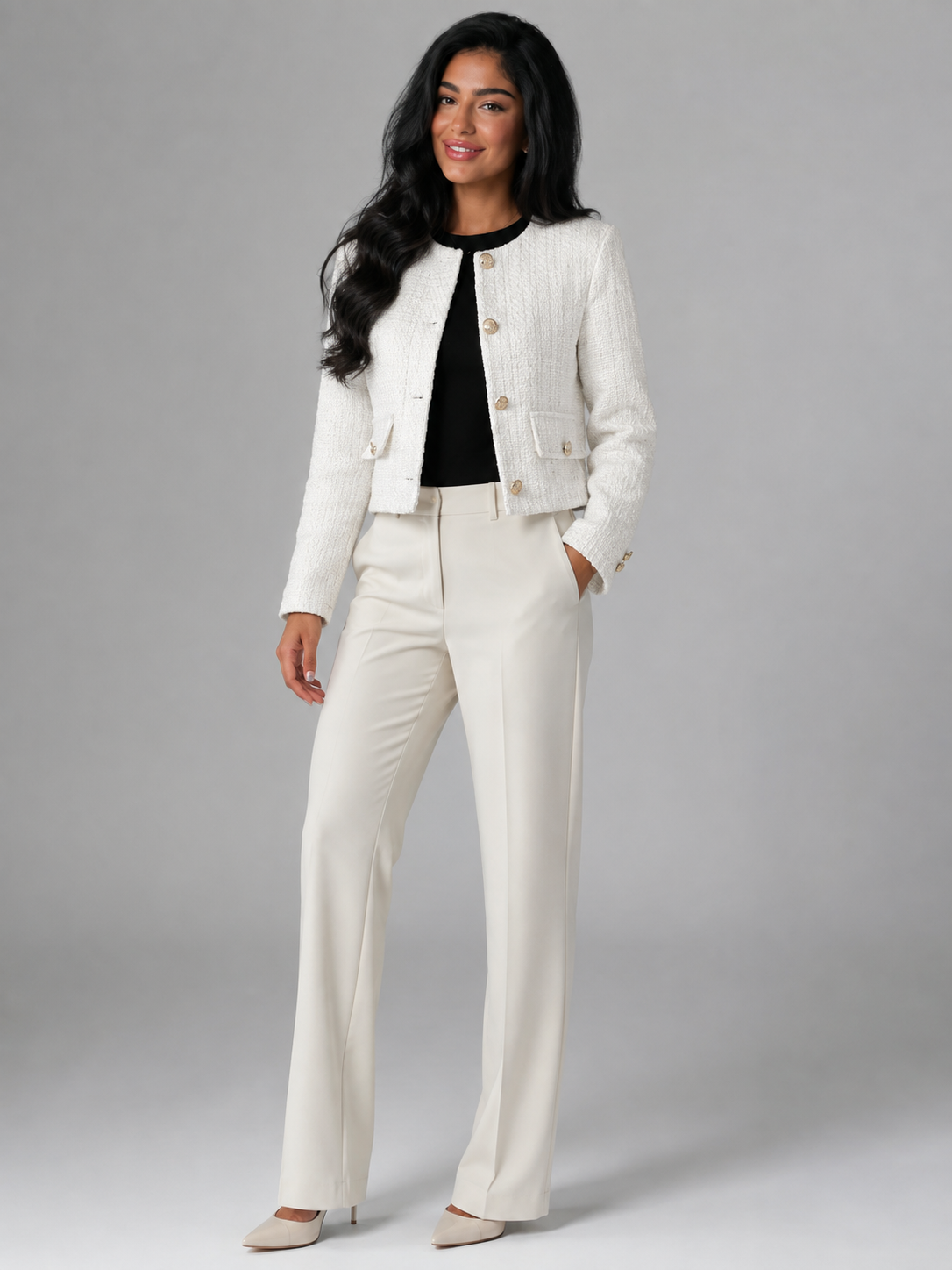 Women's Cream Tweed Cropped Jacket | Gold Button Boucle Blazer