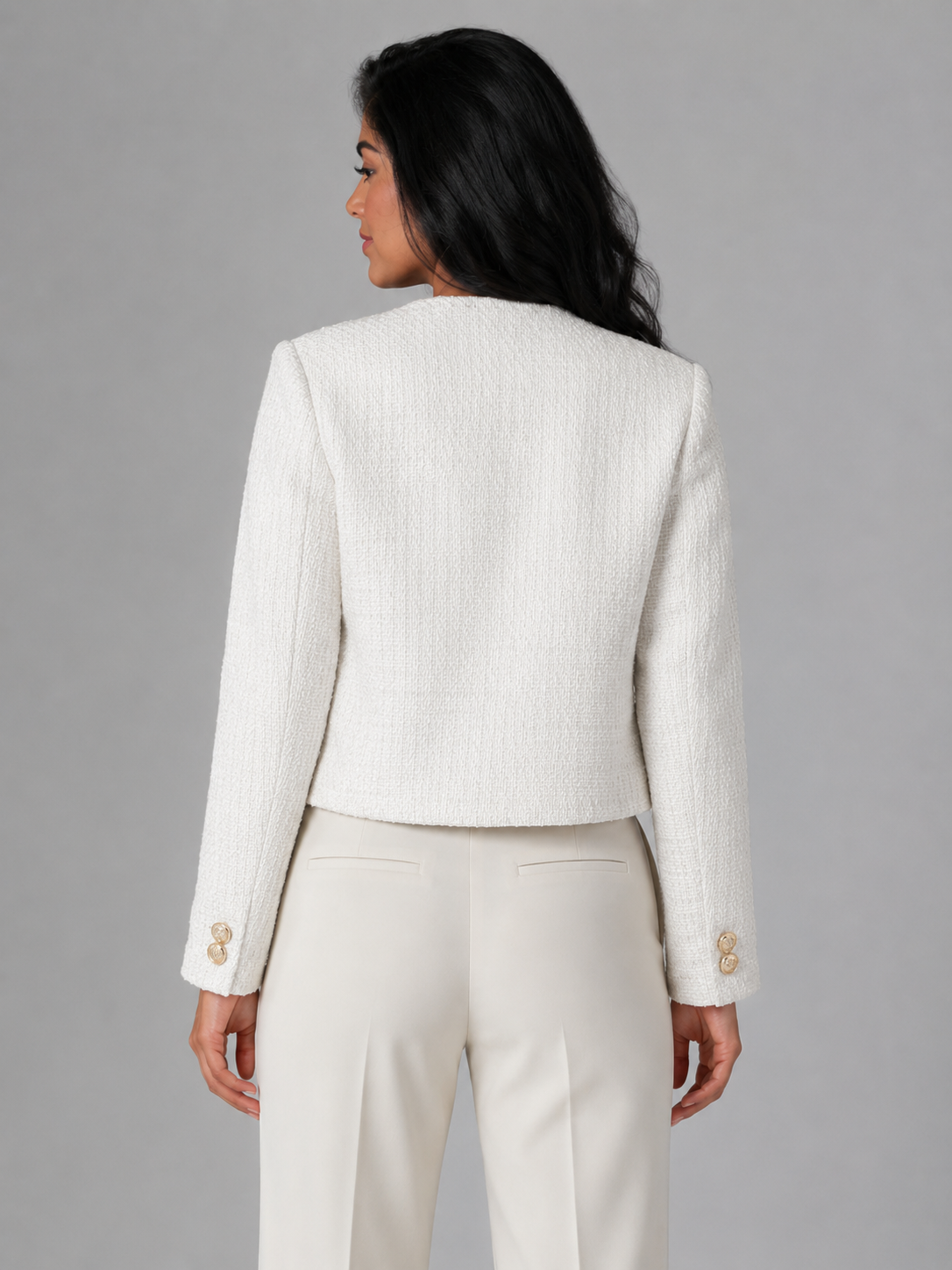 Women's Cream Tweed Cropped Jacket | Gold Button Boucle Blazer