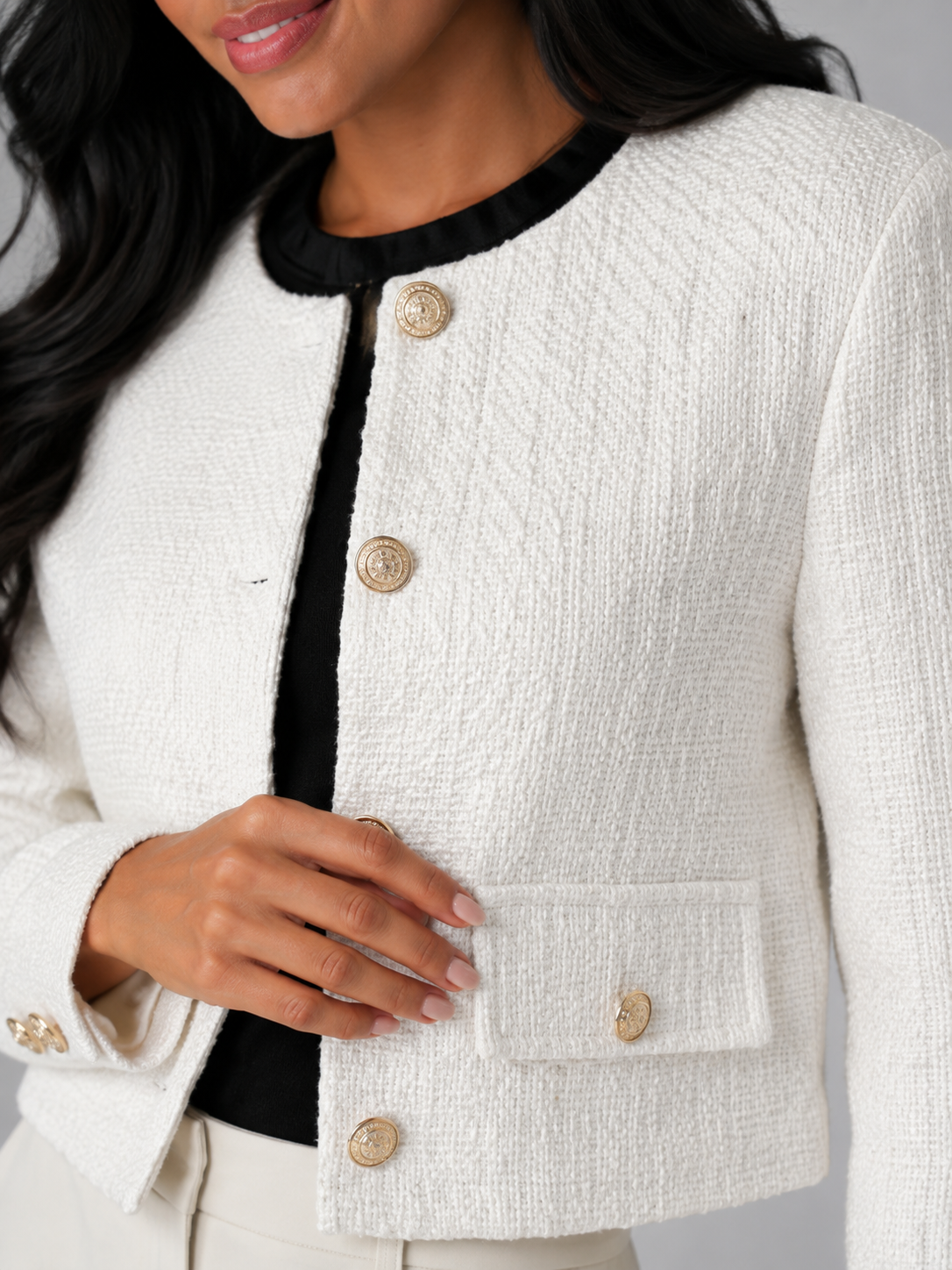 Women's Cream Tweed Cropped Jacket | Gold Button Boucle Blazer