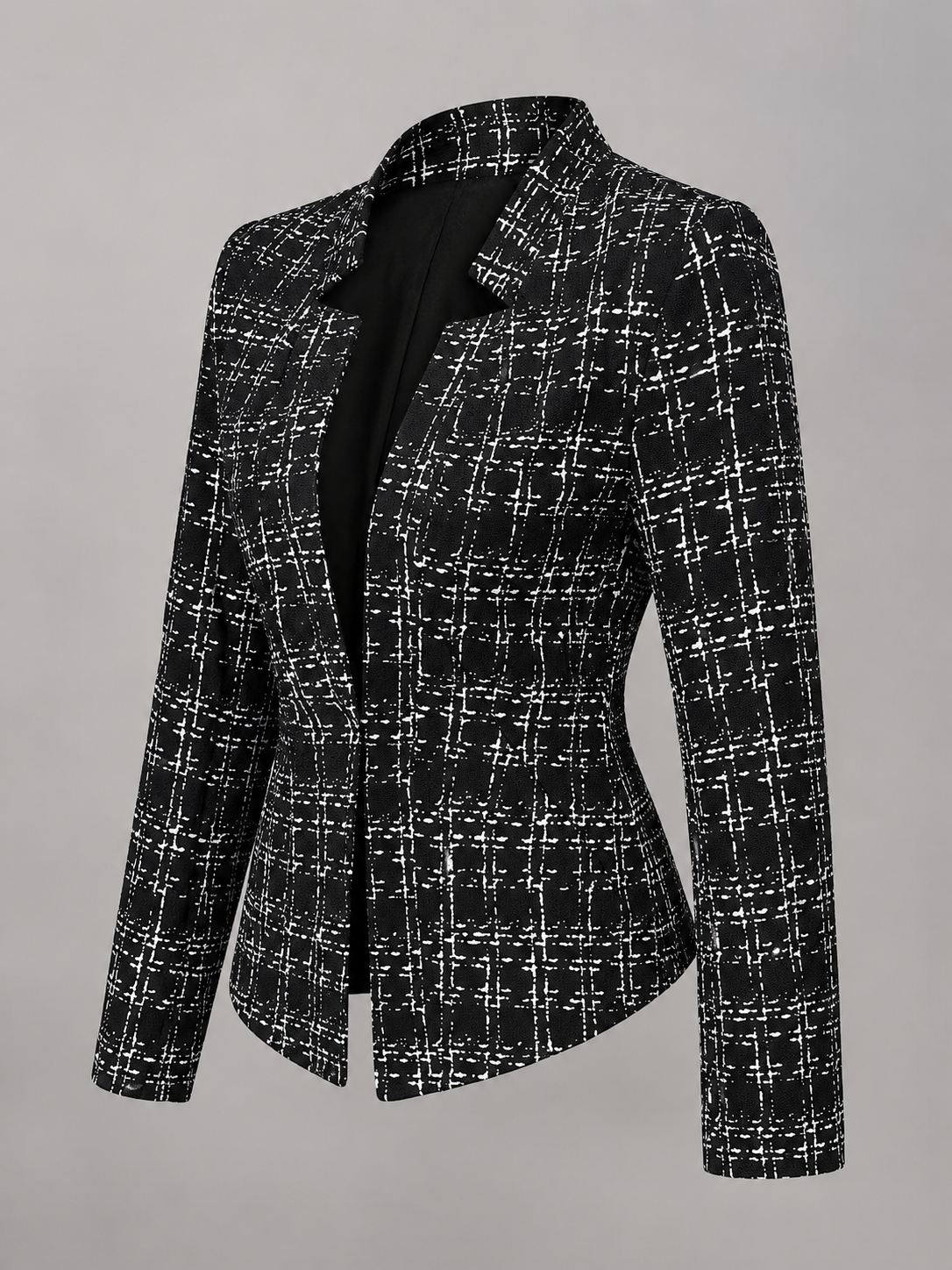 Women's Tweed Check Blazer | Collarless Open-Front Jacket