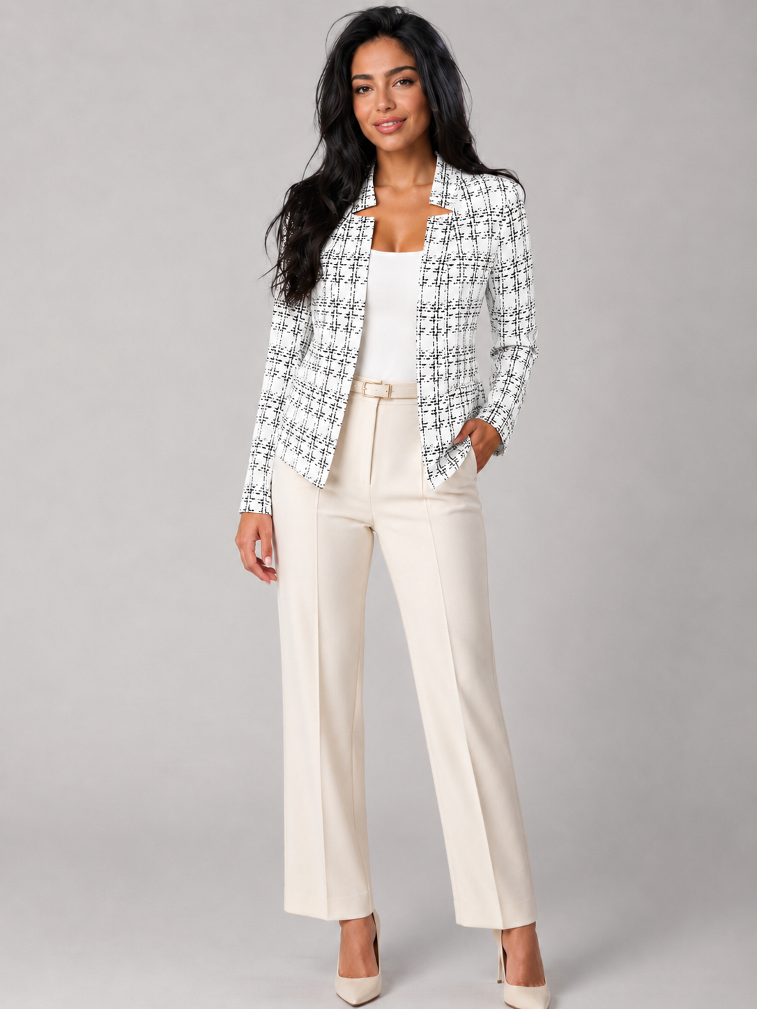 Women's Tweed Check Blazer | Collarless Open-Front Jacket