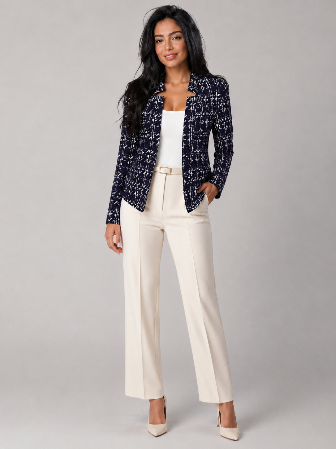 Women's Tweed Check Blazer | Collarless Open-Front Jacket