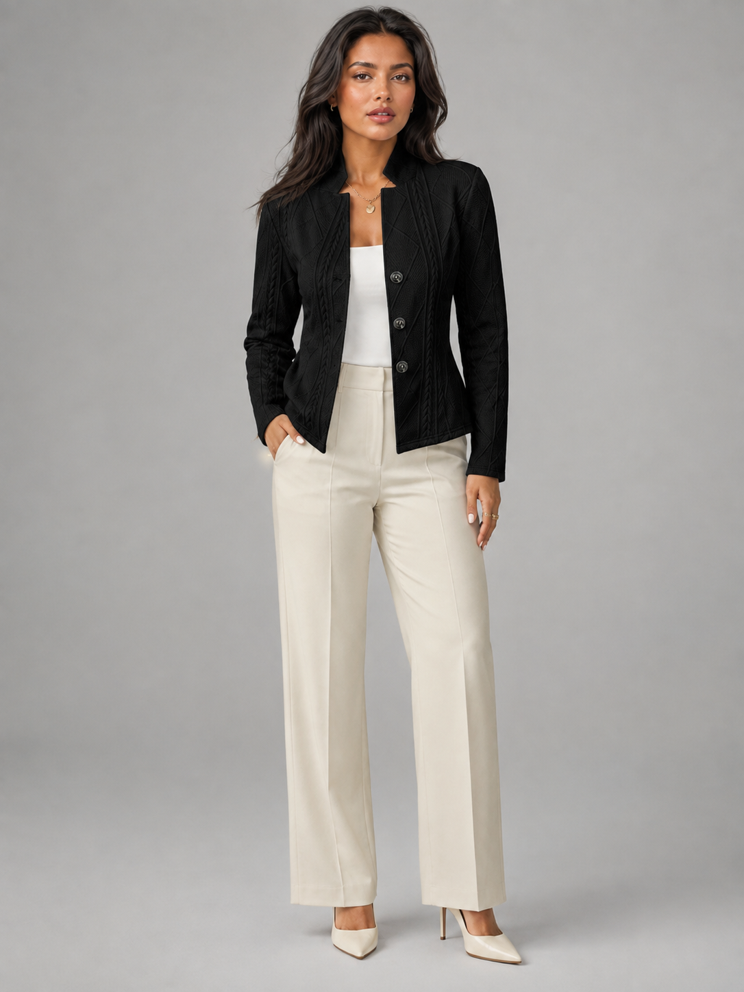 Women's Cable Knit Textured Blazer | Fitted Stand Collar Jacket
