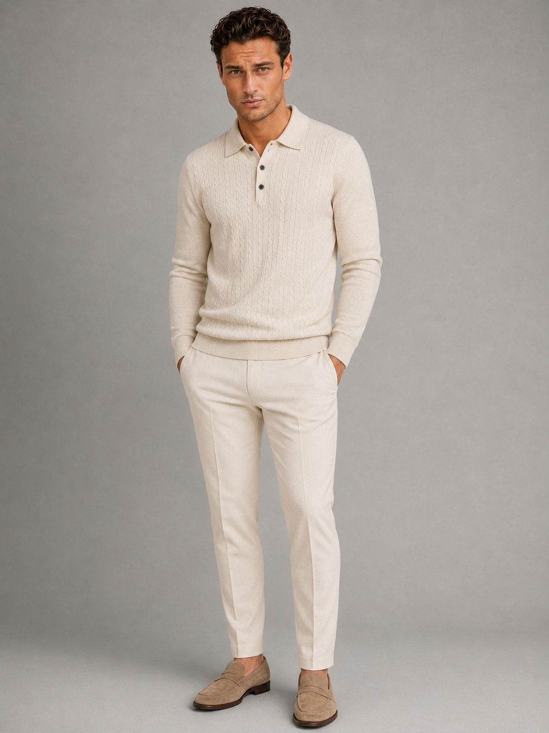 Men's Cable Knit Long-Sleeve Polo Sweater