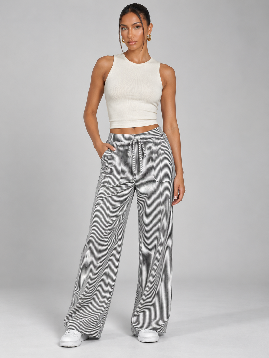 Women's Striped Wide-Leg Lounge Trousers | Drawstring Waist