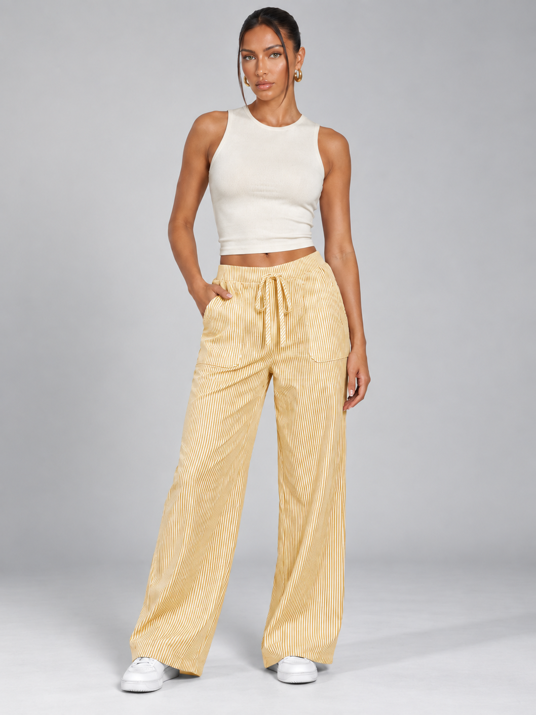 Women's Striped Wide-Leg Lounge Trousers | Drawstring Waist
