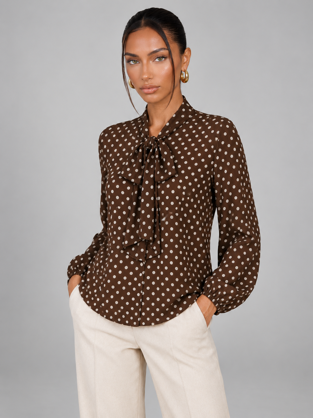 Women's Polka Dot Pussy Bow Blouse | Long Sleeve Tie Neck