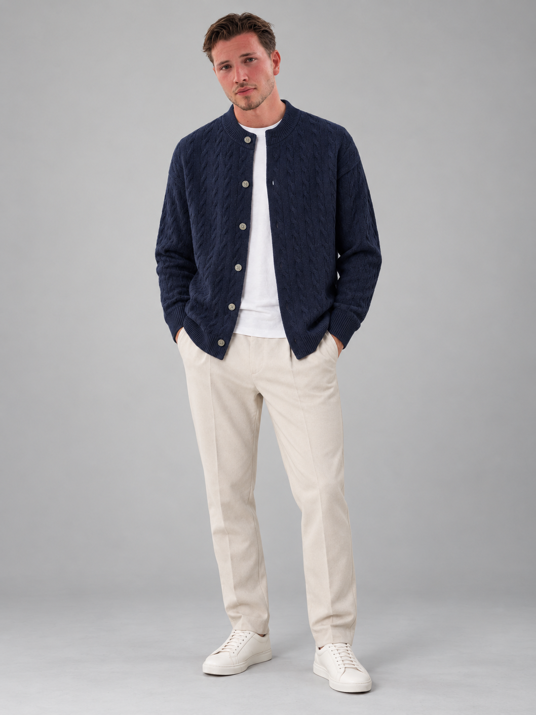 Men's Cable Knit Cardigan | Button Front Bomber Collar Sweater