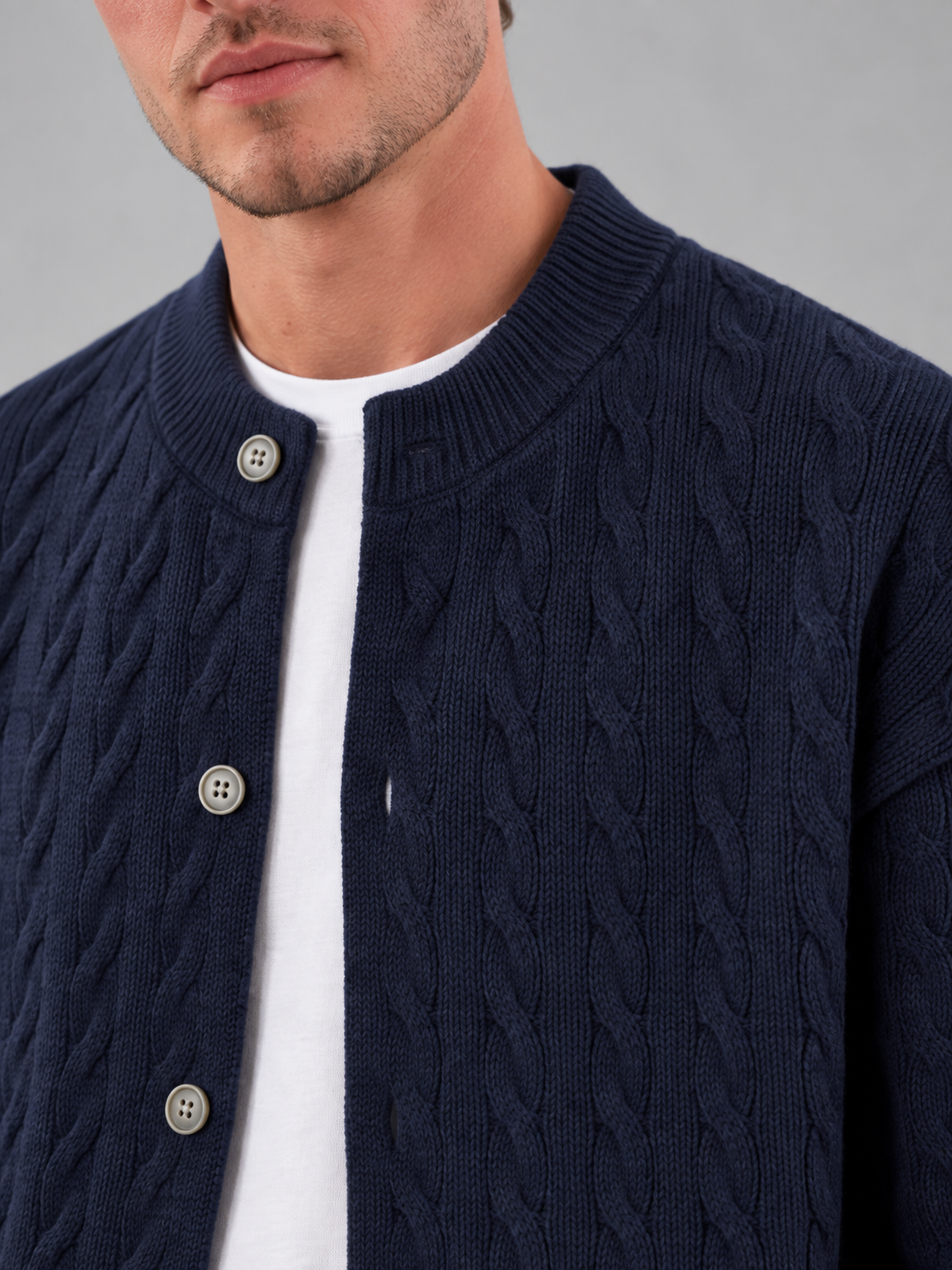 Men's Cable Knit Cardigan | Button Front Bomber Collar Sweater