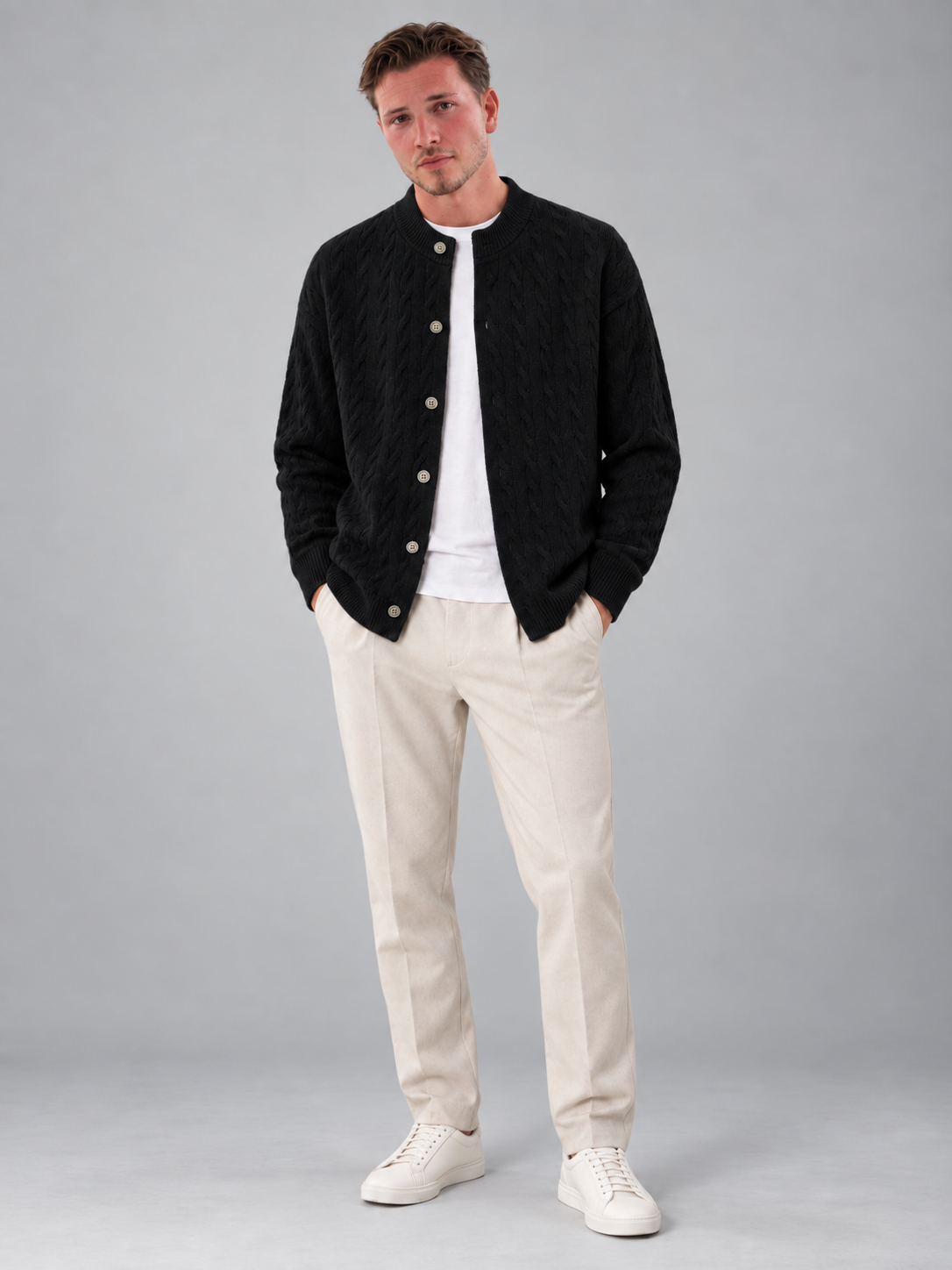 Men's Cable Knit Cardigan | Button Front Bomber Collar Sweater