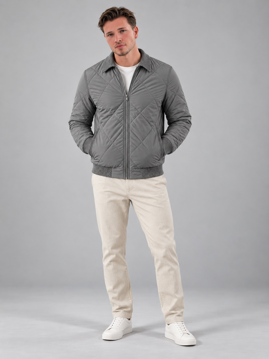 Men's Quilted Bomber Jacket | Zip-Up Collared Casual Jacket