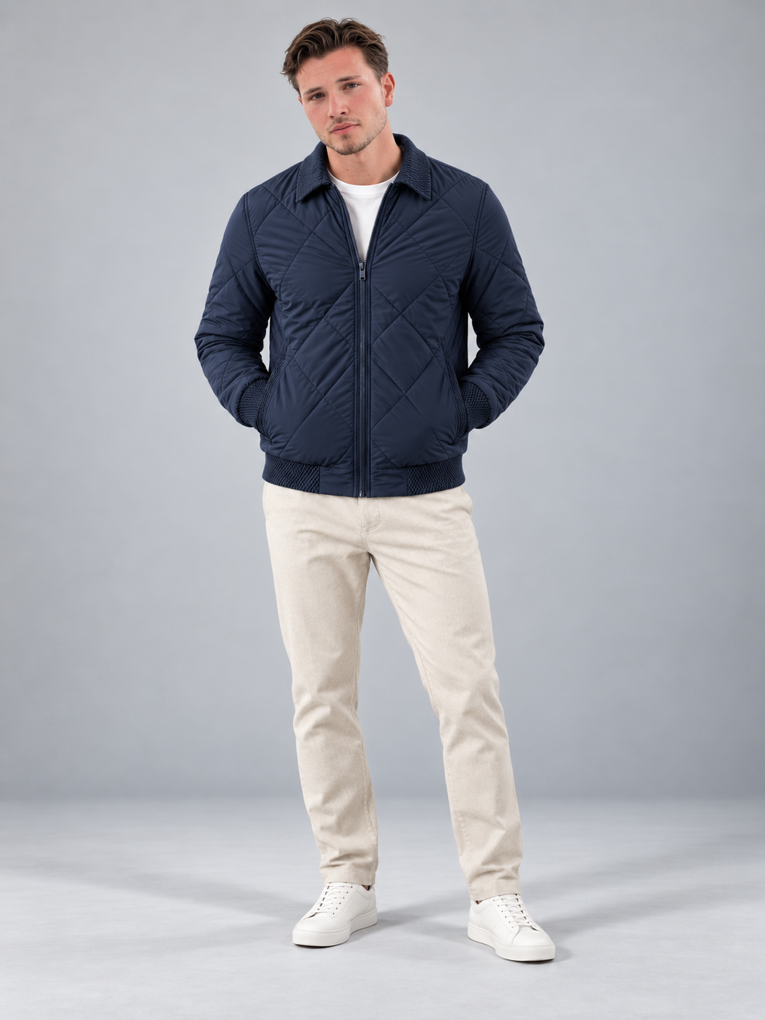 Men's Quilted Bomber Jacket | Zip-Up Collared Casual Jacket