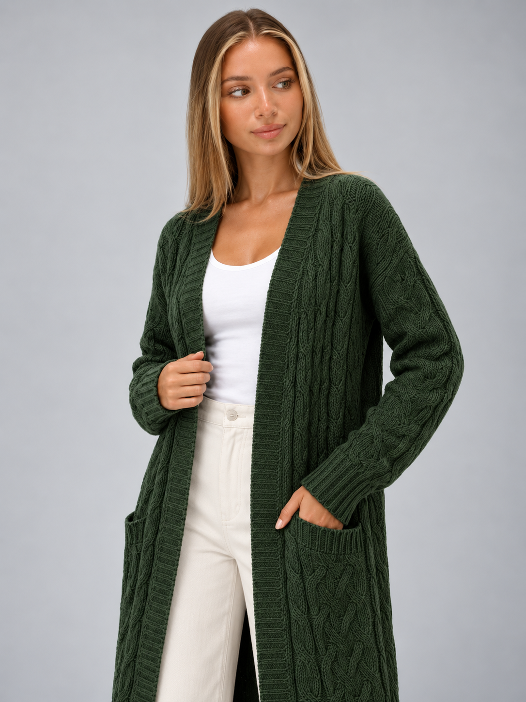Women's Longline Cable Knit Cardigan | Open Front Duster