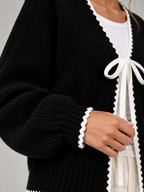 Women's Scalloped Trim Cardigan | Bow Front Contrast Knit