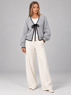 Women's Scalloped Trim Cardigan | Bow Front Contrast Knit