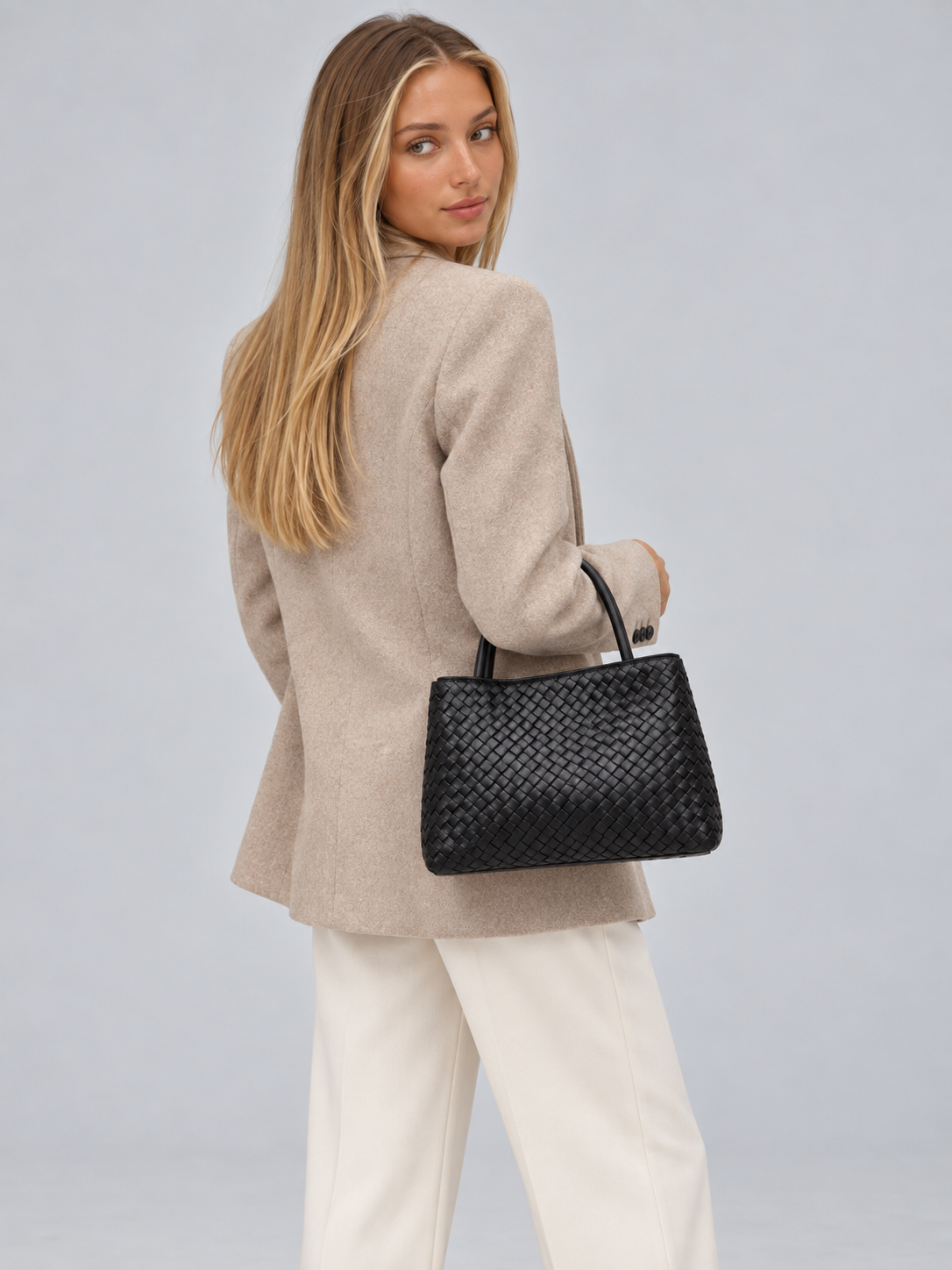 Women's Woven Tote Bag | Gold Detail Vegan Leather Handbag