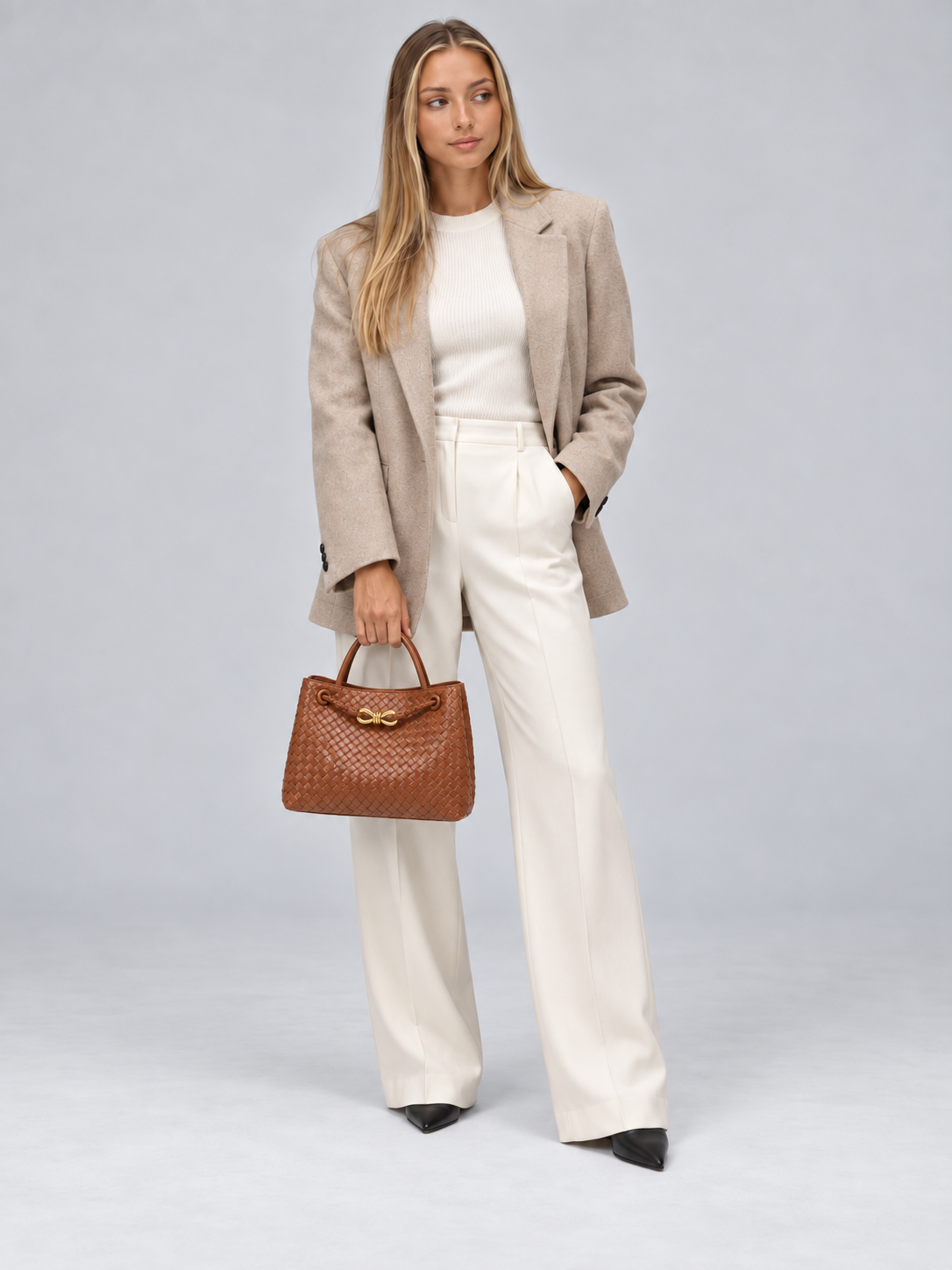 Women's Woven Tote Bag | Gold Detail Vegan Leather Handbag