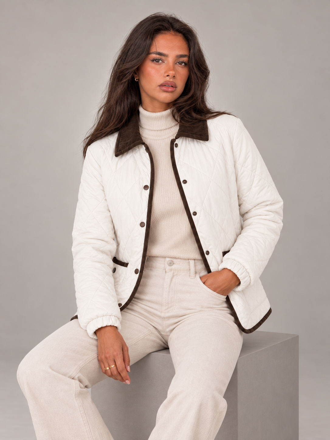 Women's Quilted Jacket | Corduroy Collar Contrast Trim Coat