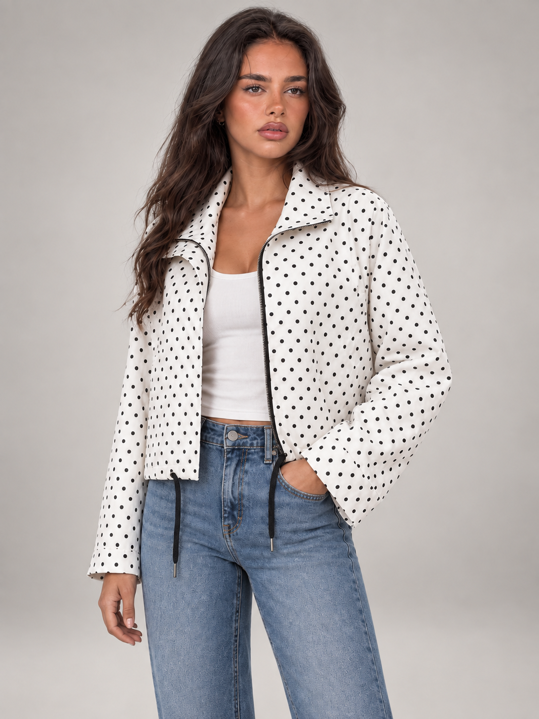 Women's Polka Dot Lightweight Jacket | Drawstring Casual Coat