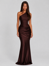 Women's One Shoulder Draped Satin Maxi Dress