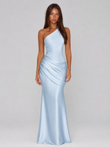 Women's One Shoulder Draped Satin Maxi Dress
