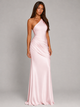 Women's One Shoulder Draped Satin Maxi Dress
